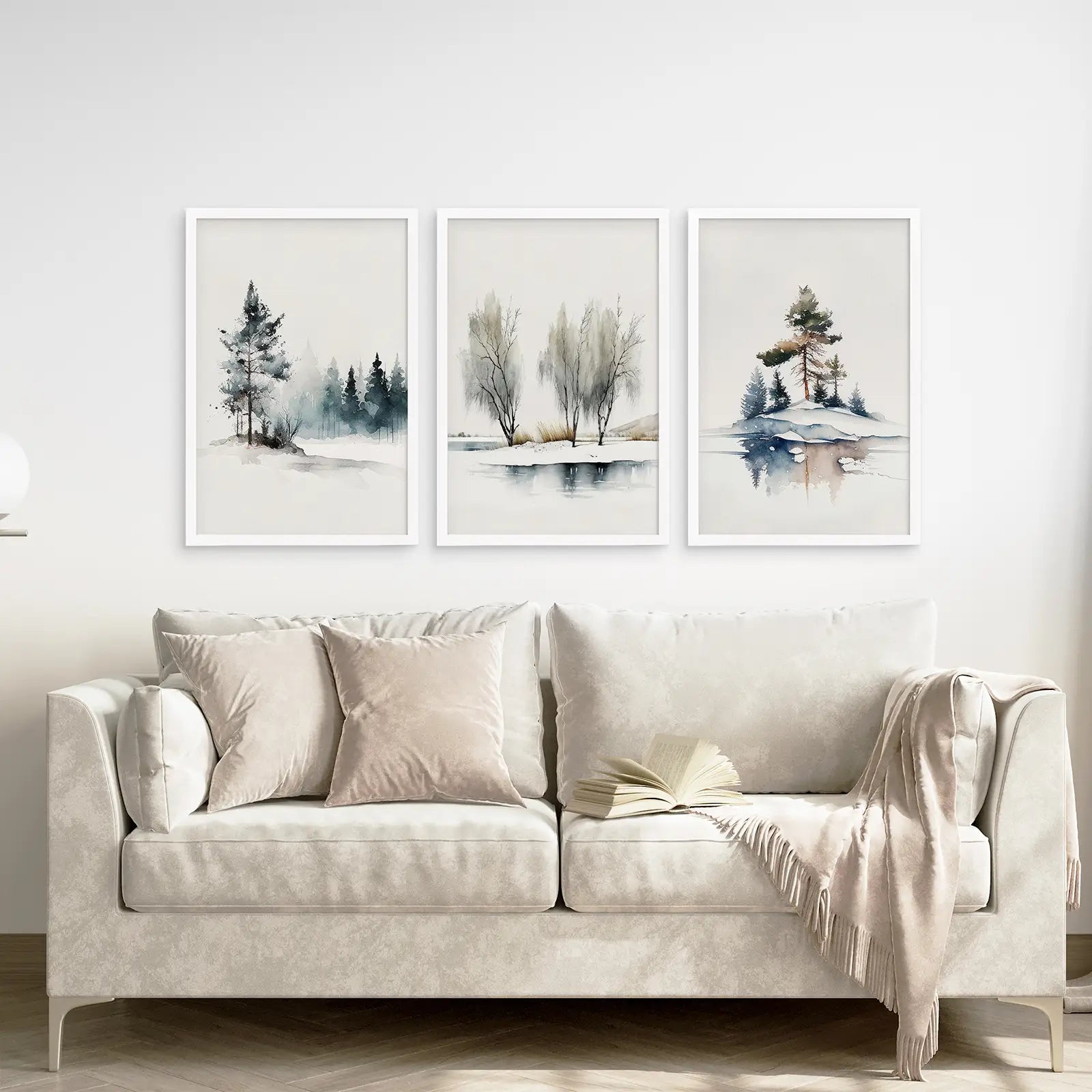 Winter Snow Scene Home Decor Wall Art Set. White Frames Above the Sofa.