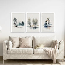 Load image into Gallery viewer, Winter Snow Scene Home Decor Wall Art Set. White Frames Above the Sofa.
