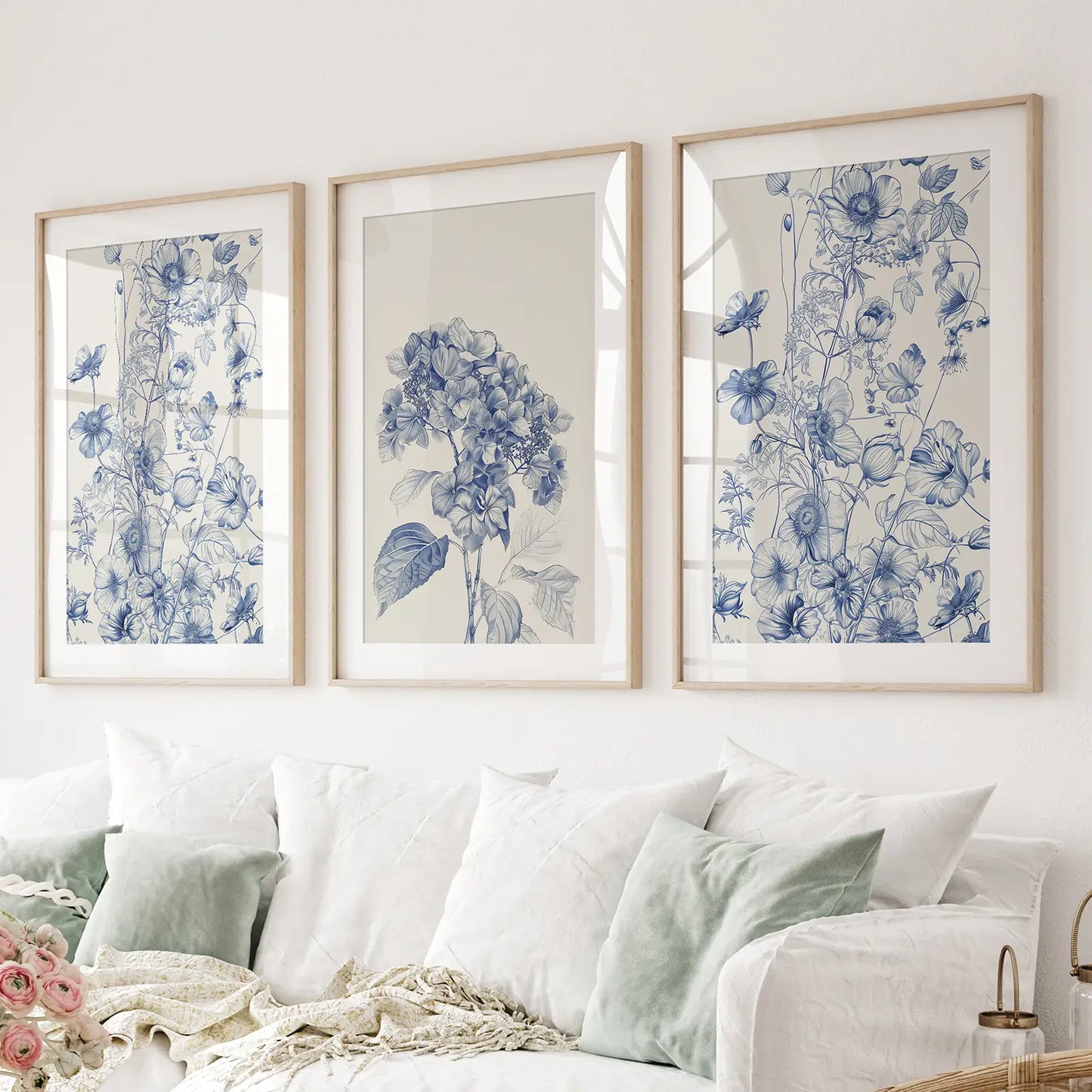 Chinoiserie Trendy Floral Decor Poster Set. Thinwood Frames with Mat Above the Sofa.