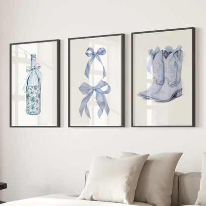 Coquette Bow Boot Preppy Wall Art Decor Set. Black Frames Over the Couch.