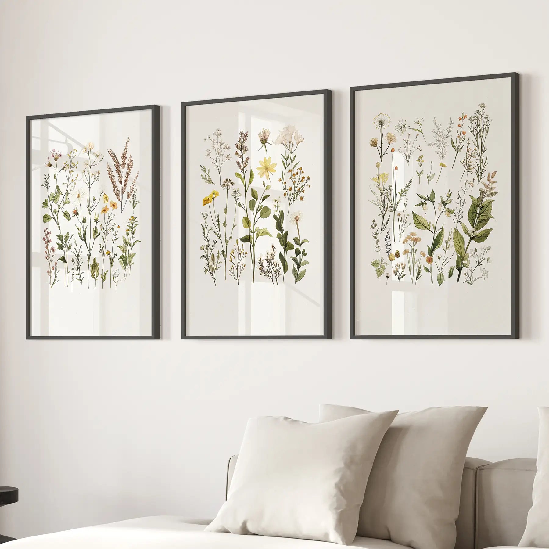 Vintage botanical wall decor poster. Floral trendy art. Black frames above the sofa.