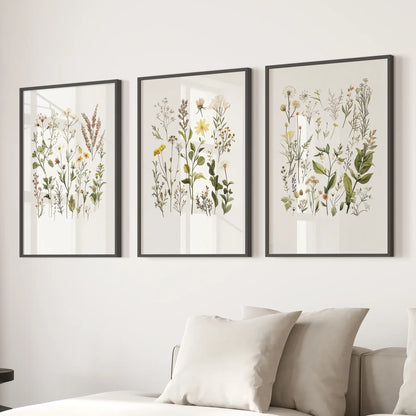 Vintage botanical wall decor poster. Floral trendy art. Black frames above the sofa.
