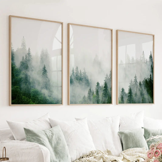 Evergreen Misty Forest Triptych. Set of 3 Prints