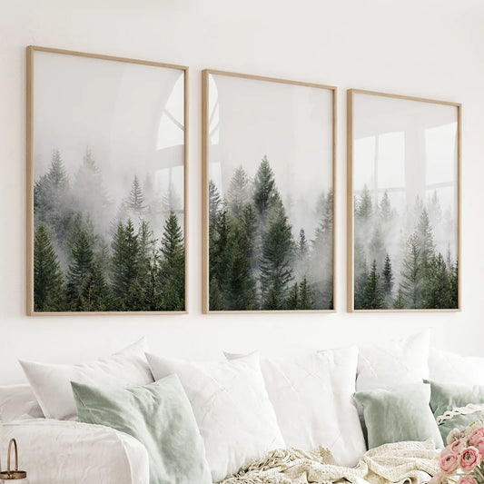 Pine Tree Foggy Forest Triptych. Nordic Wall Decor