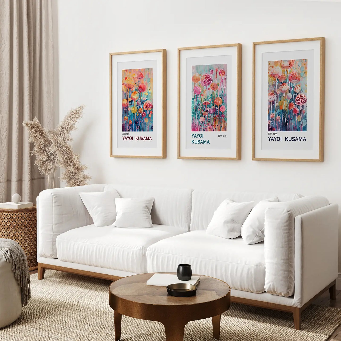 Best Selling Trendy Home Decor Exhibition Posters. Thinwood Frames with Mat Above the Sofa.