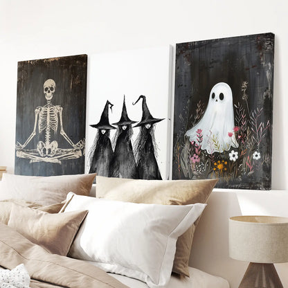 Dark Cottagecore Art Halloween Print Poster Art Set. Stretched Canvas Over the Bed.