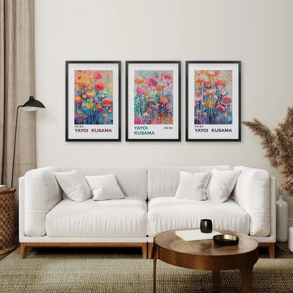 Kusama Art Decor Modern Printable Wall Set. Black Frames Over the Couch.