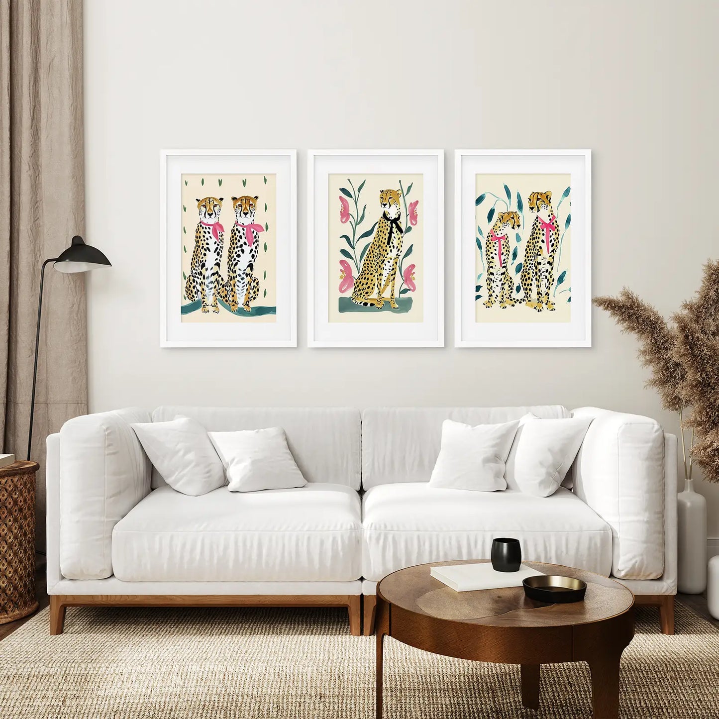 Cheetah Set of 3 Modern Art Print Poster. White Frames with Mat Above the Sofa.