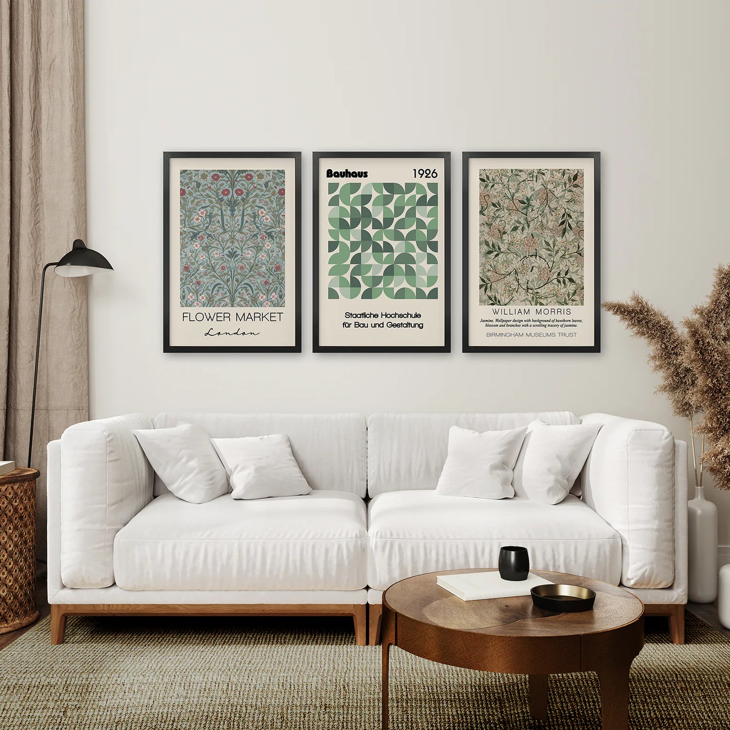 Set of 3 Floral Prints Modern Art Decor Set. Black Frames for Living Room.