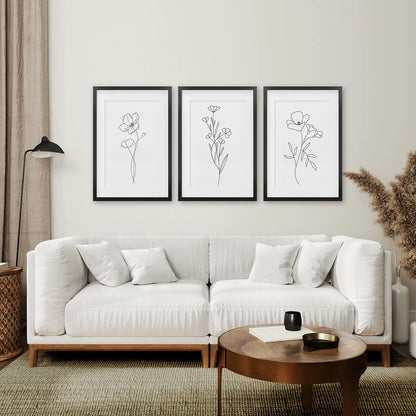 Neutral Botanical Line Art Print Decor Wall Set. Black Frames with Mat Above the Sofa.