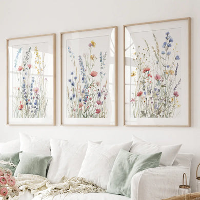 Trendy Flowers Summer Art Decor Prints. Thinwood Frames with Mat Above the Sofa.