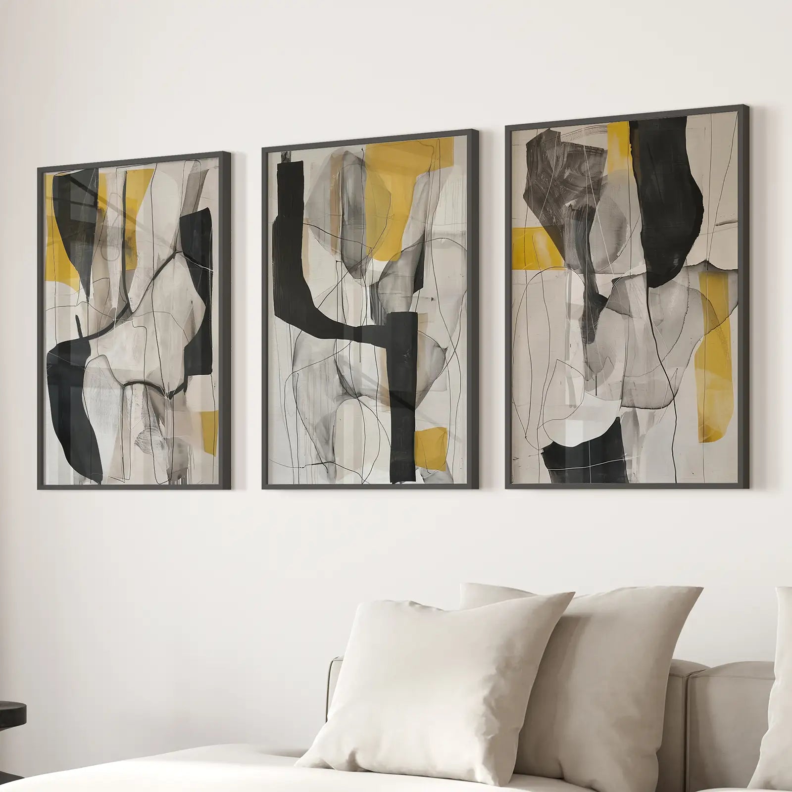 Large Wall Decor Set of 3 Abstract Art Posters. Black Frames Over the Couch.