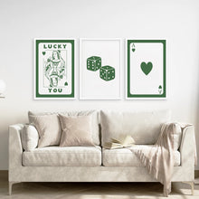 Load image into Gallery viewer, Green Queen of Hearts Trendy Wall Art Set.White Frames Over the Sofa.

