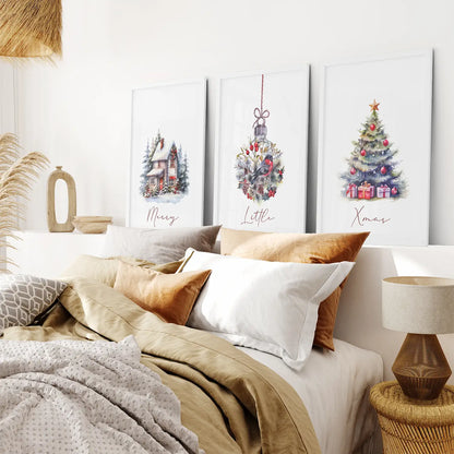 Rustic Holiday Decor Christmas Triptych Prints. White Frames for Bedroom.