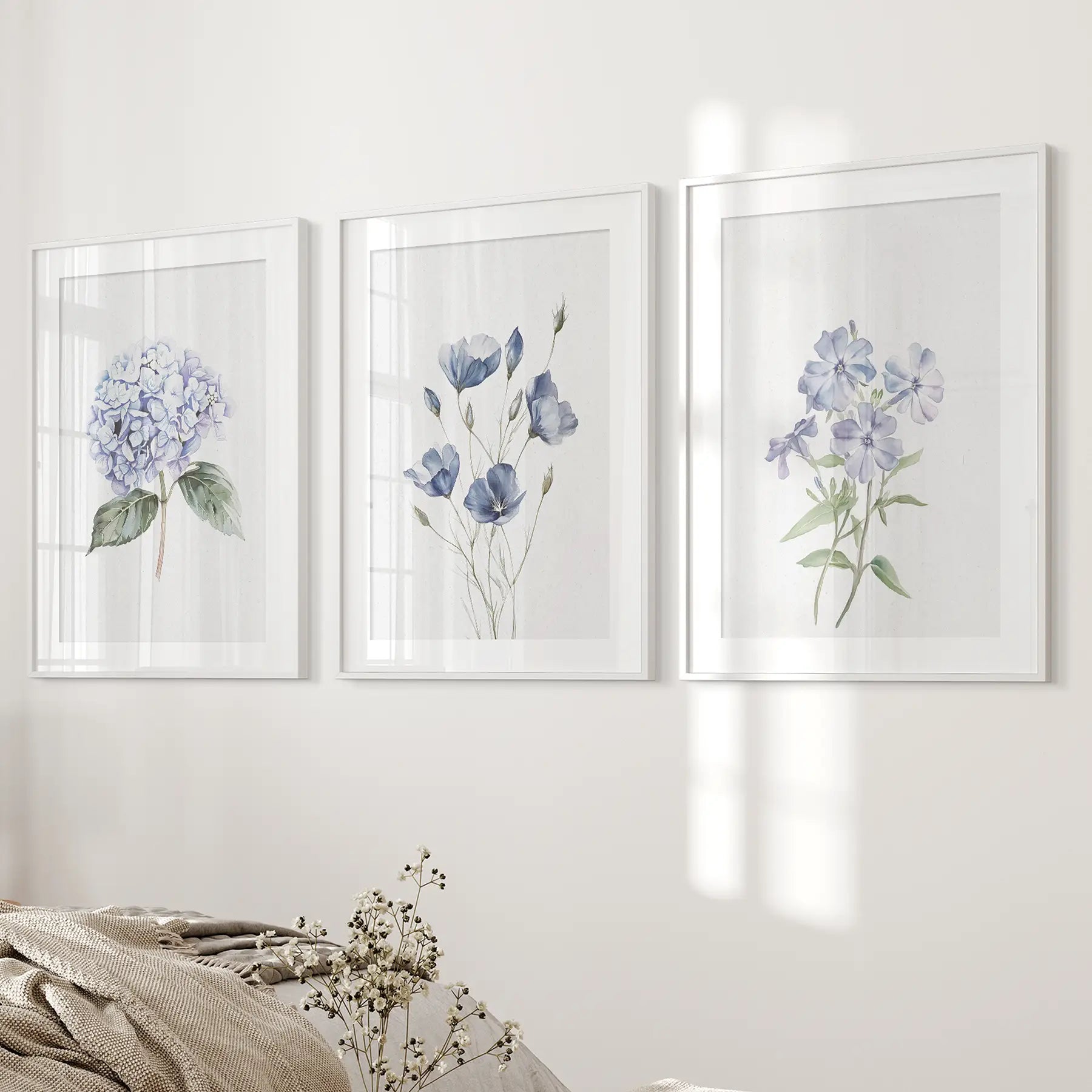 Spring flower poster, large floral wall art prints decor. White frames with mat over the bed.