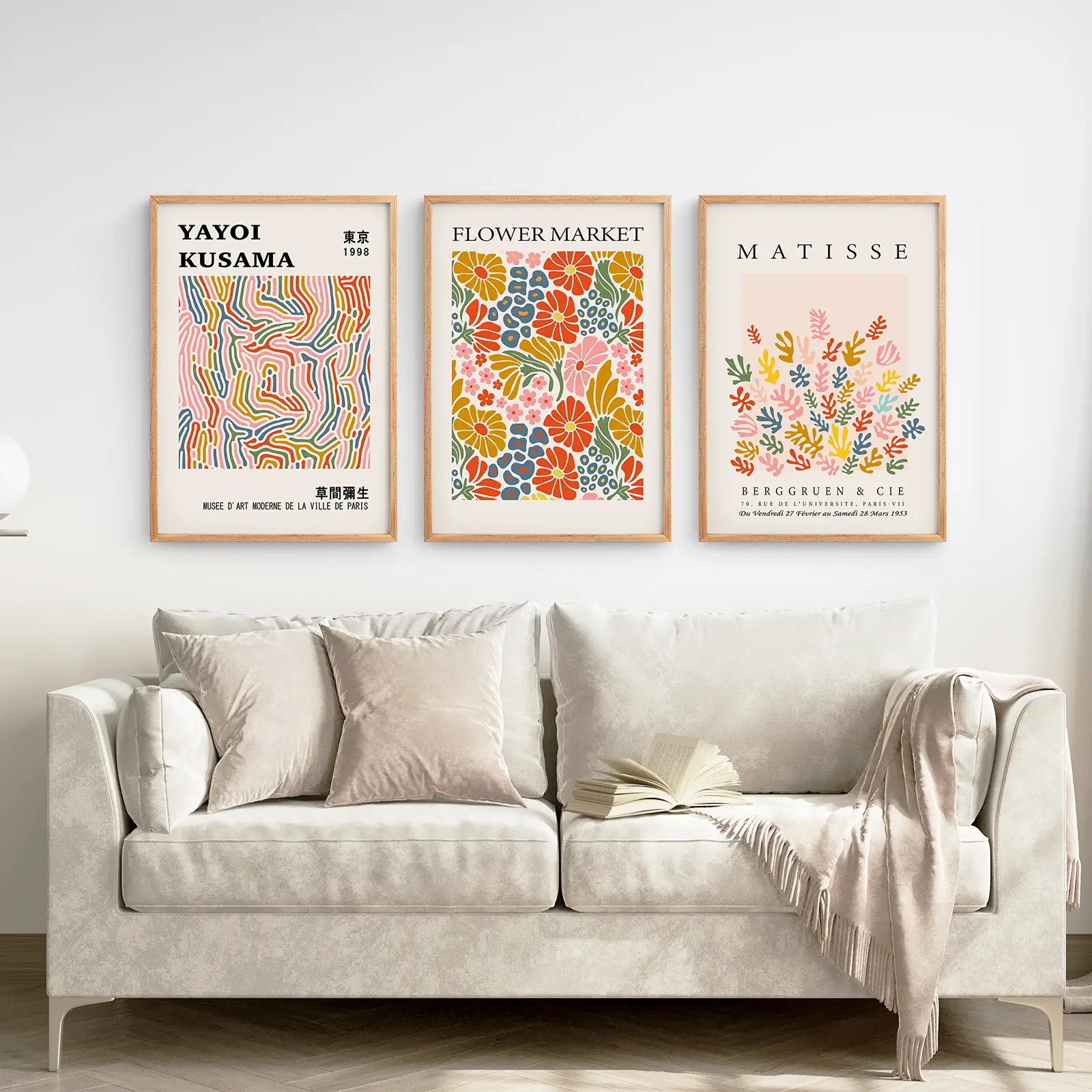 Pink Wall Art Matisse Botanical Set. Thinwood Frames Over the Coach.