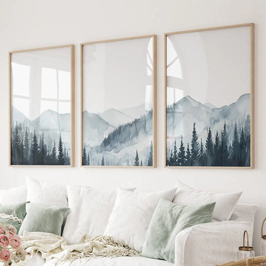 Abstract Mountain Trendy Wall Decor Print Art Set. Thinwood Frames for Living Room.