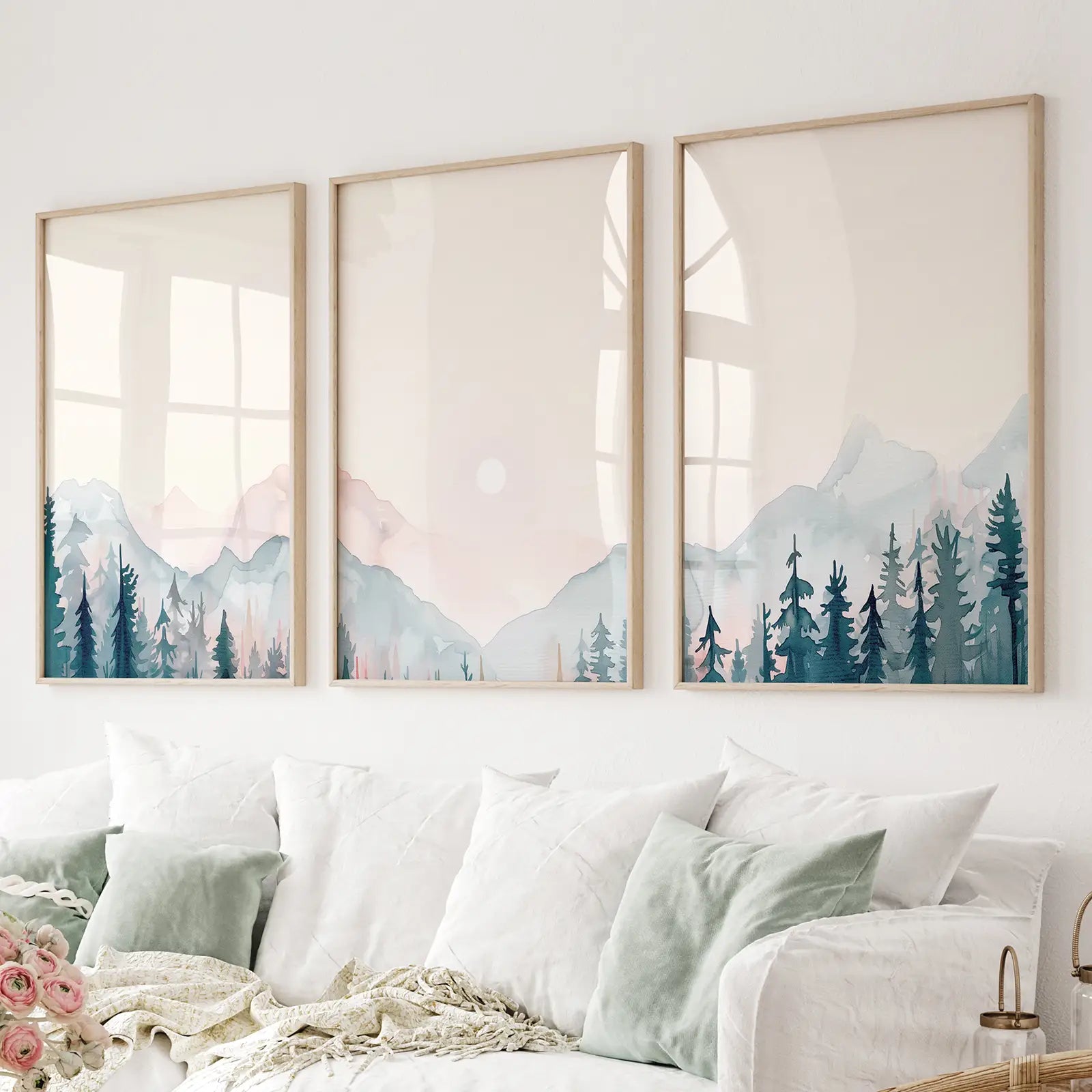 Abstract Minimalist Watercolor Forest Print Poster Set. Thinwood Frames for Living Room.