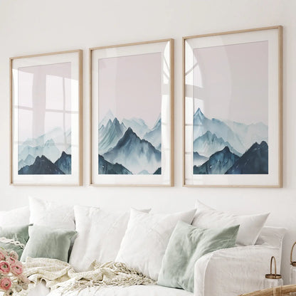 Trendy Watercolor Apartment Decor Print Poster Set Thinwood Frames with Mat Over the Couch.