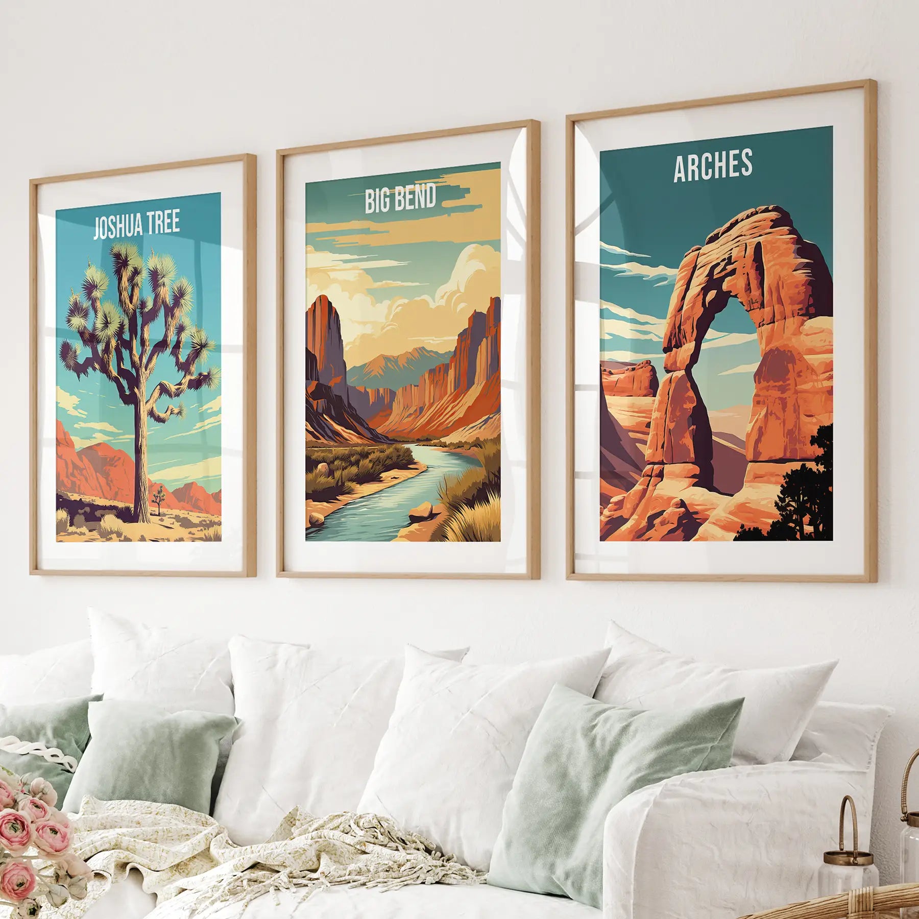 National parks USA trendy prints. Joshua tree poster desert wall art. Thinwood Frames with mat above the sofa.