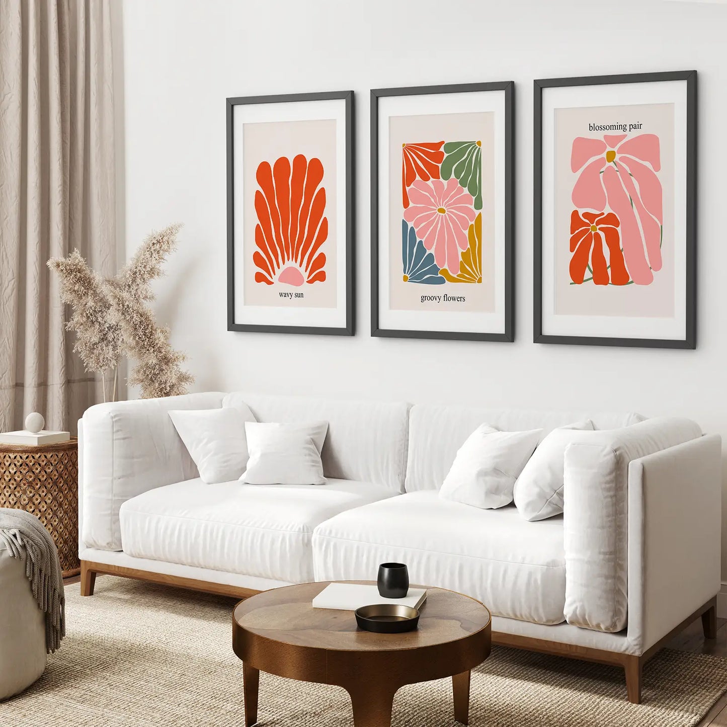 Flower Abstract Decor Gallery Set.Black Frames with Mat Above the Sofa.