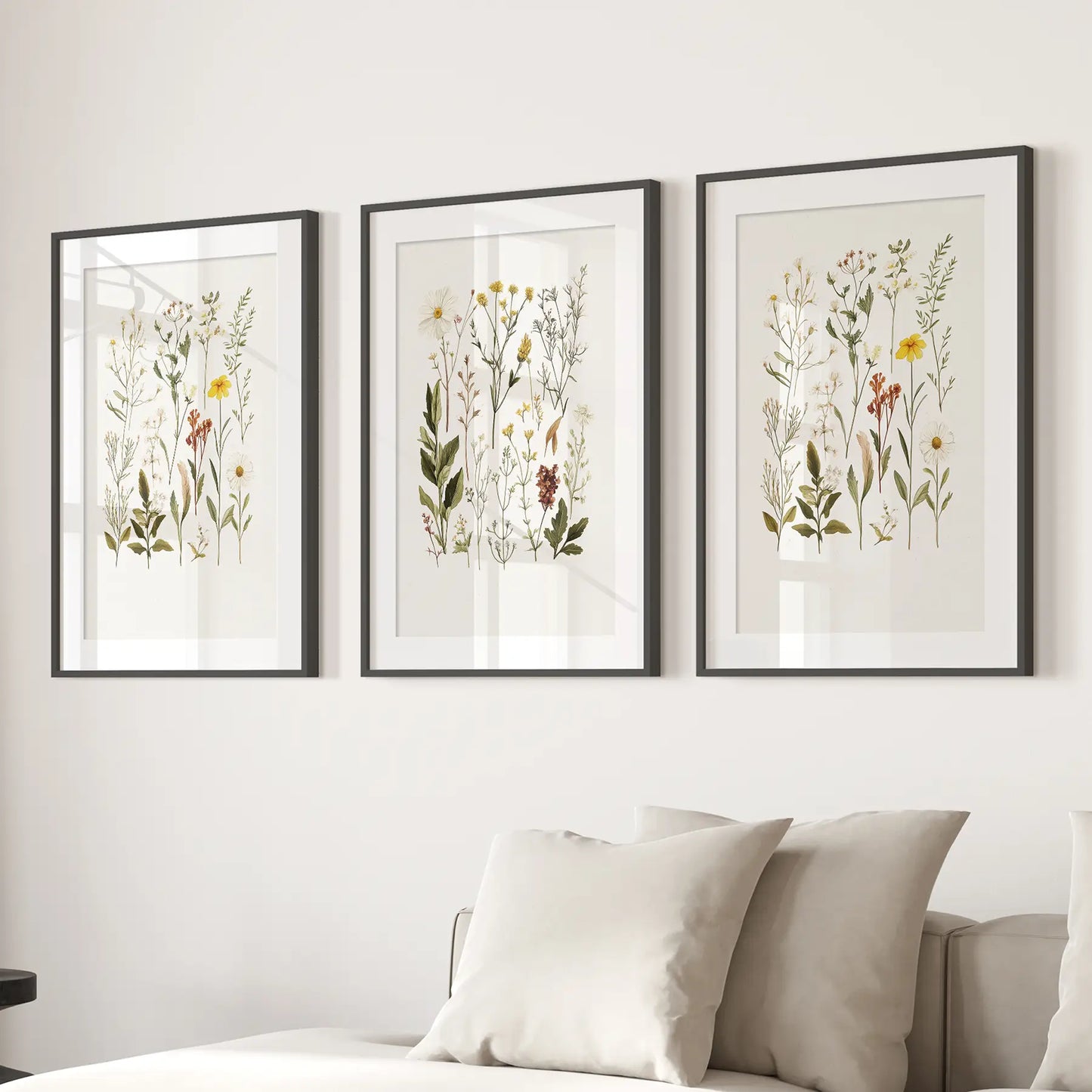 Pressed fower prints. Home decor wall art poster. Black frames with mat over the couch.