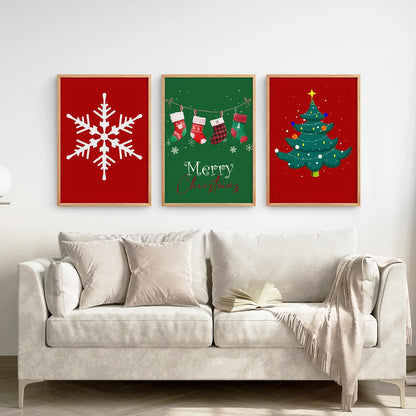 Xmas Socks Christmas Tree Snowflake Wall Art. Thin Wood Frames Over the Coach.