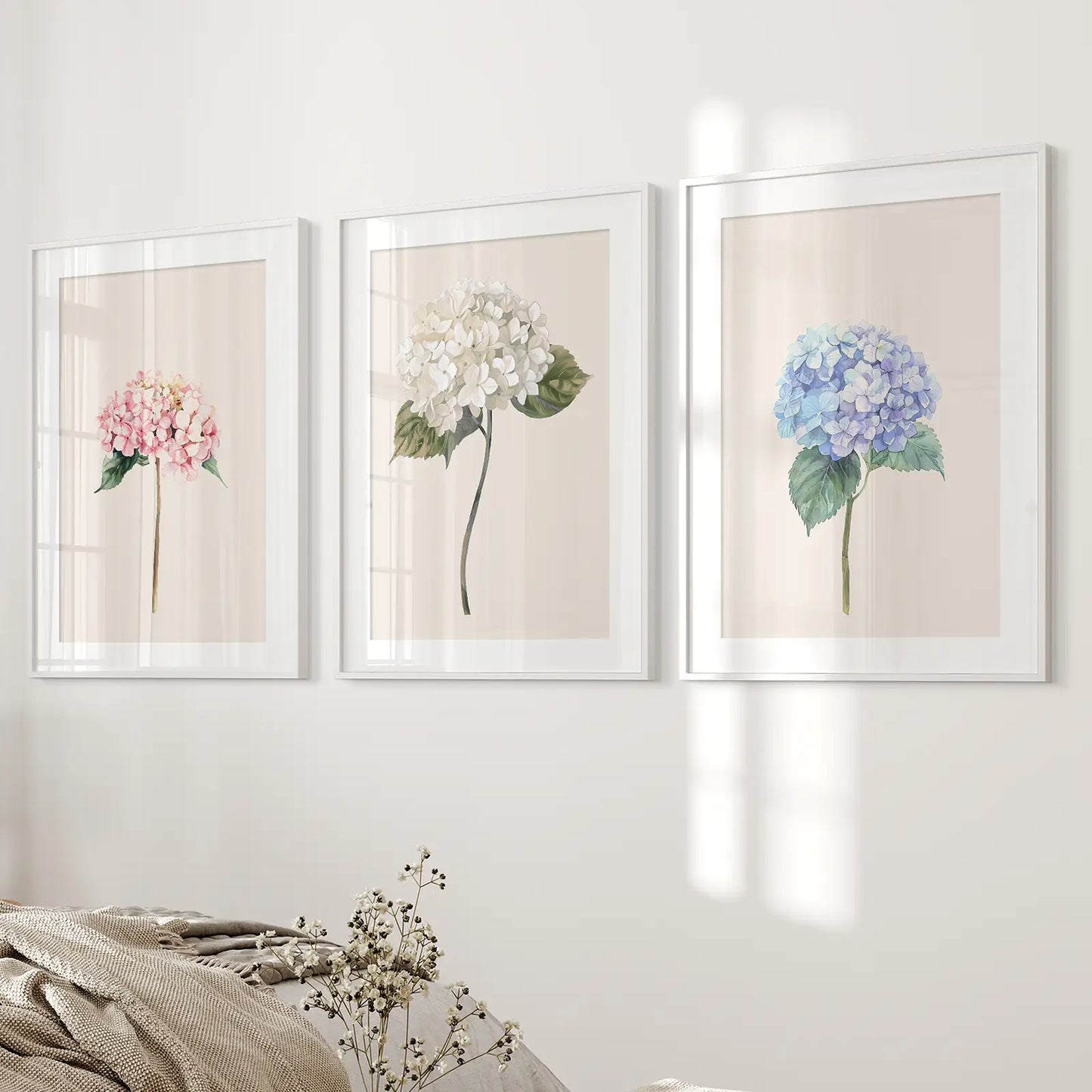 Flowers Watercolor Minimalist New Beach House Art. White Frames with Mat Above the Bed.