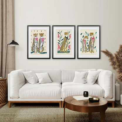 Jungle Animal Home Decor Art Print Set. Black Frames with Mat Above the Sofa.