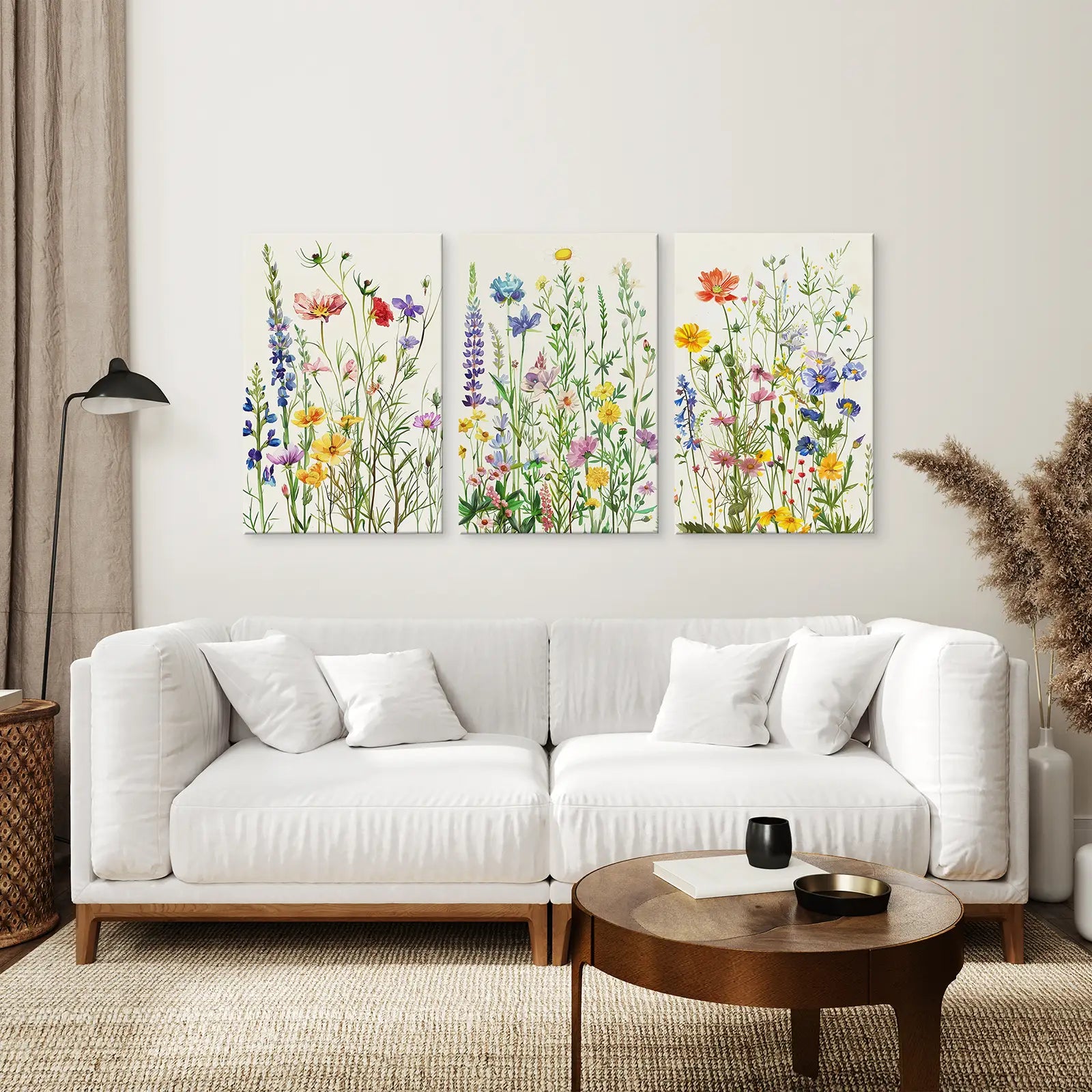 Colorful Flower Wall Art Home Decor Set. Wrapped Canvas Above the Sofa.