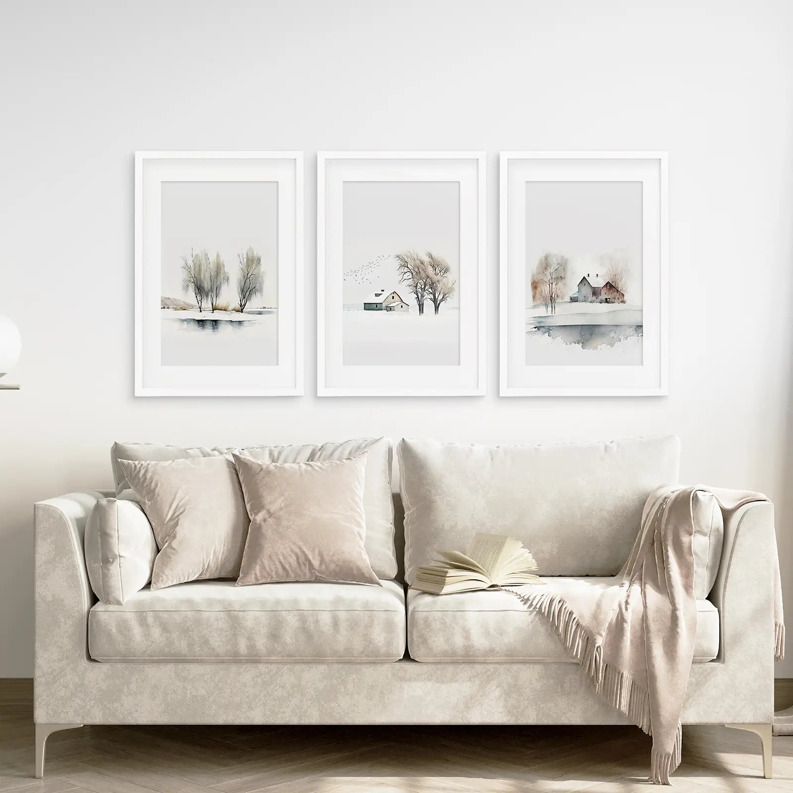 Trendy Watercolor Printable Art Decor Print Set. White Frames with Mat Over the Couch.