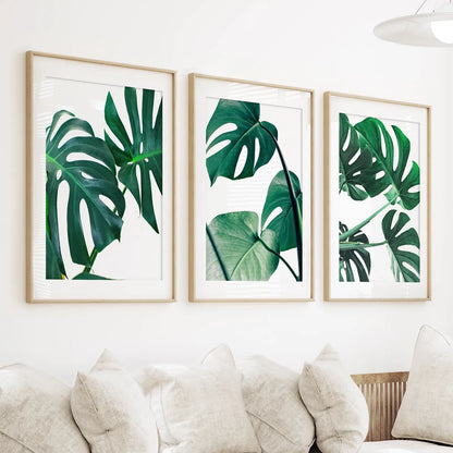 3 Piece Green Monstera Leaf Print Set. Tropical Decor