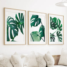 Load image into Gallery viewer, 3 Piece Green Monstera Leaf Print Set. Tropical Decor
