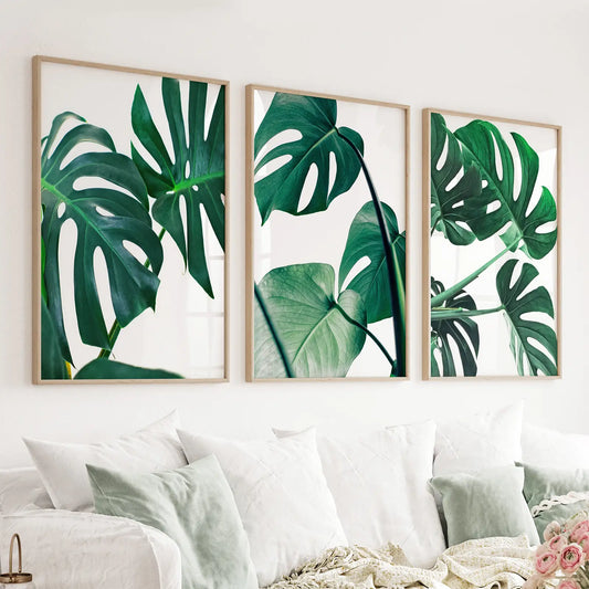 3 Piece Green Monstera Leaf Print Set. Tropical Decor