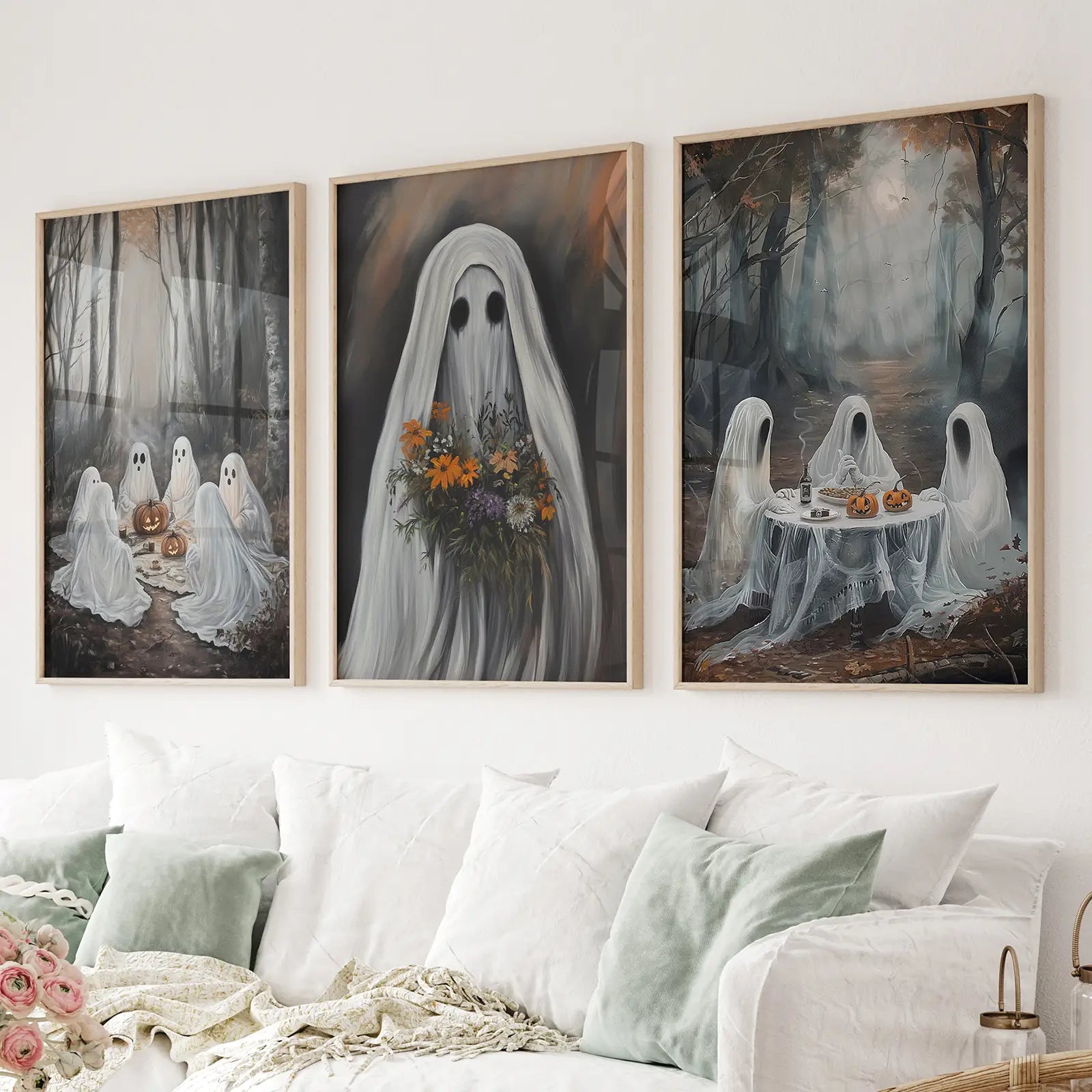 Cottagecore Spooky Decor Halloween Print Set Wall Decor. Thinwood Frames Above the Sofa.