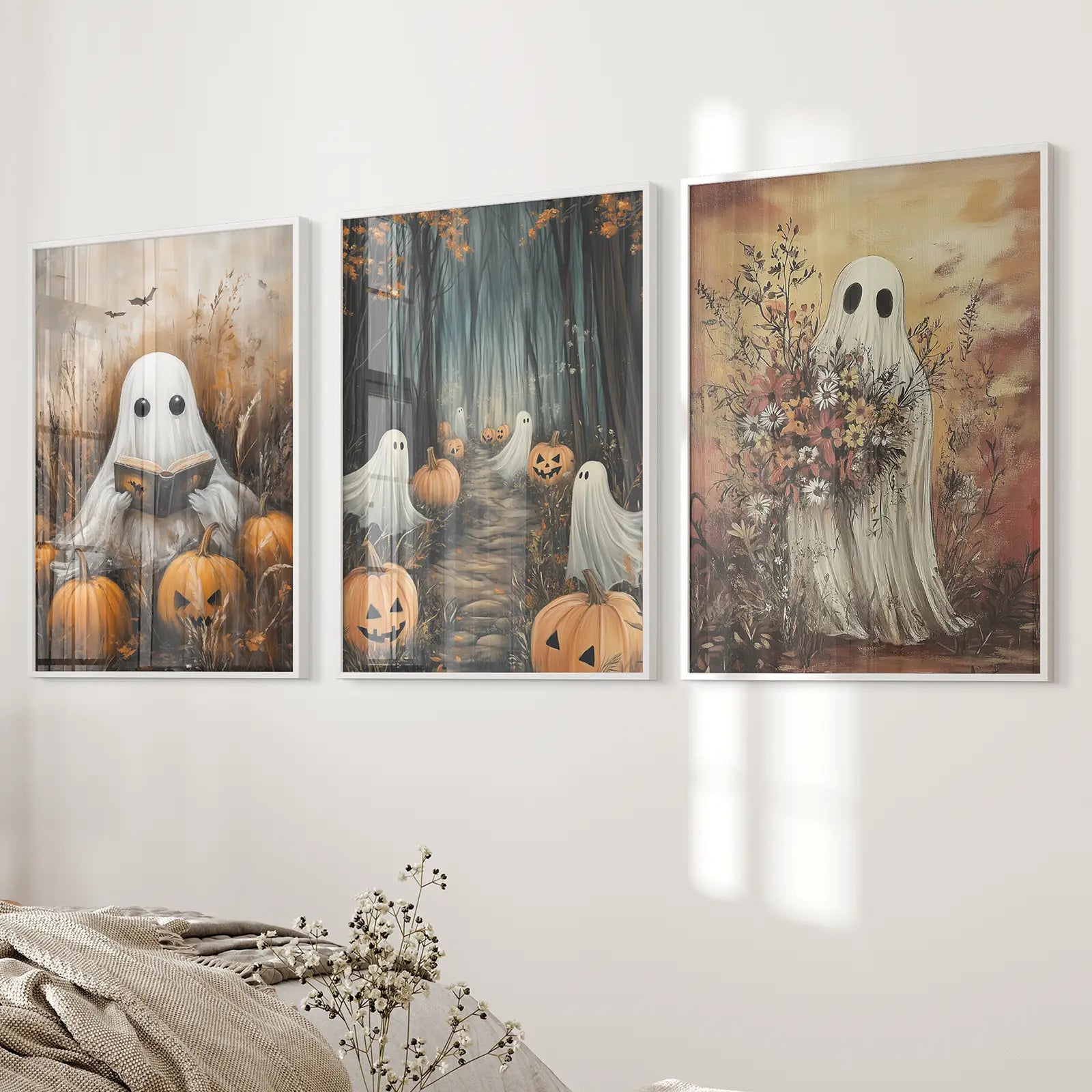 Trendy Halloween Printable Wall Art Decor Poster. White Frames Above the Bed.