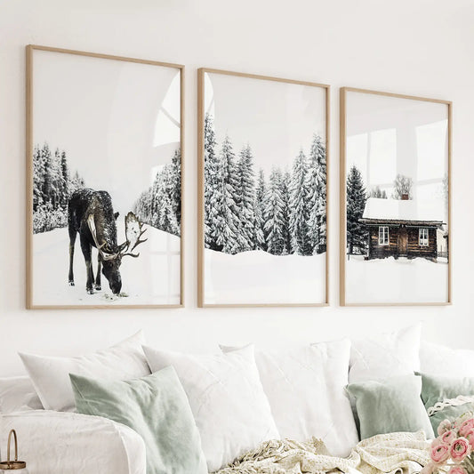 Winter-Themed Triptych with Moose, Log Cabin and Forest