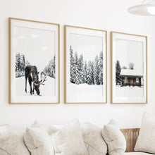 Load image into Gallery viewer, Winter-Themed Triptych with Moose, Log Cabin and Forest
