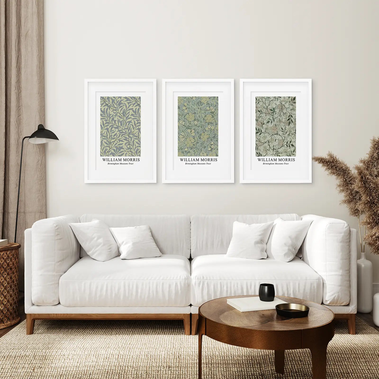 Printable Wall Art Morris Pattern Poster Set. White Frames with Mat Above the Sofa.