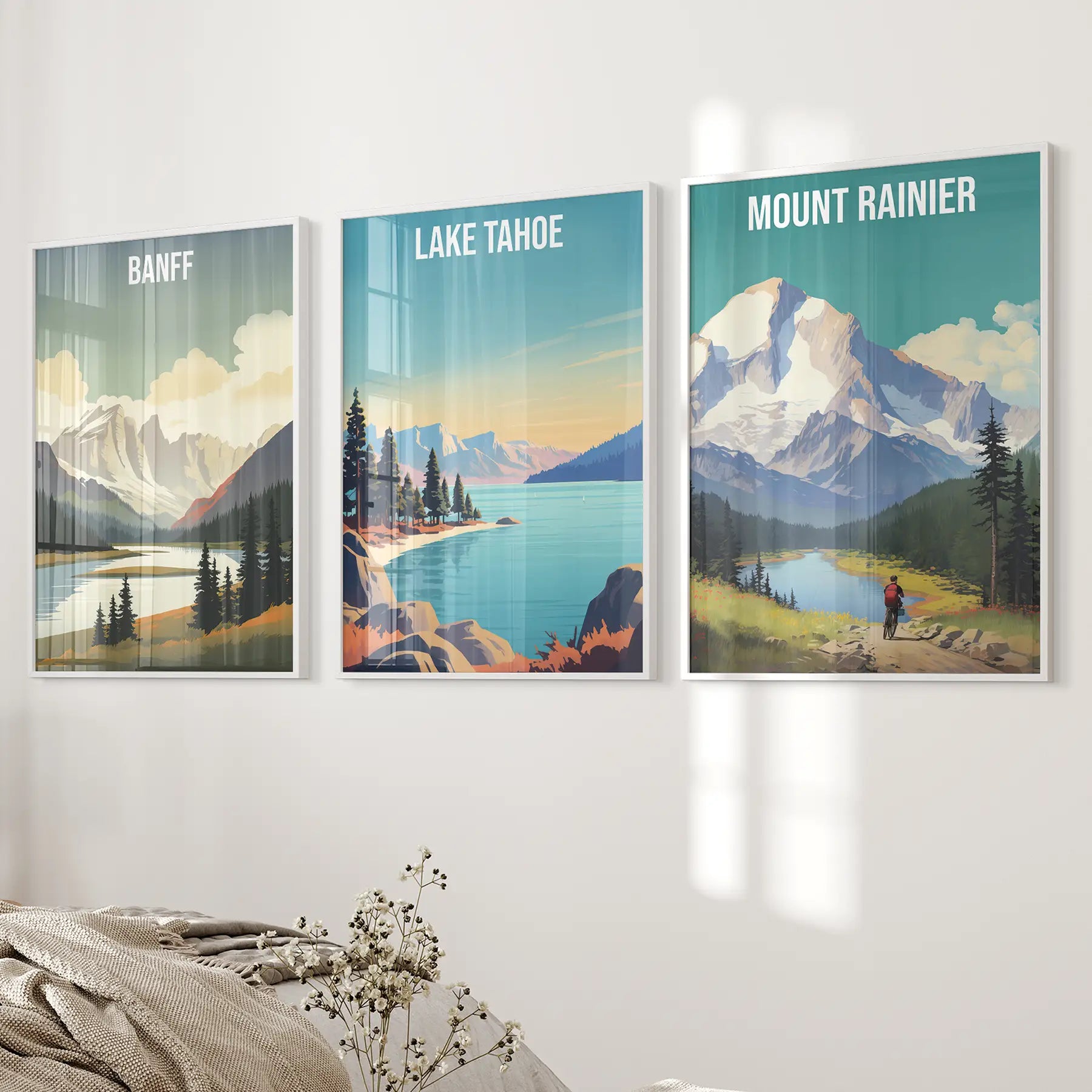 Banff landscape painting Canada souvenir print. Trendy travel wall art. White frames for bedroom.