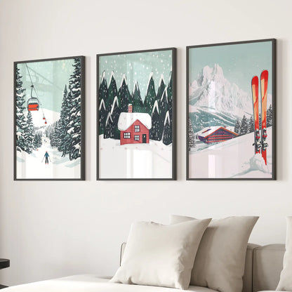 Red Cabin Winter Wall Art Watercolor Poster Set. Black Frames Over the Couch.