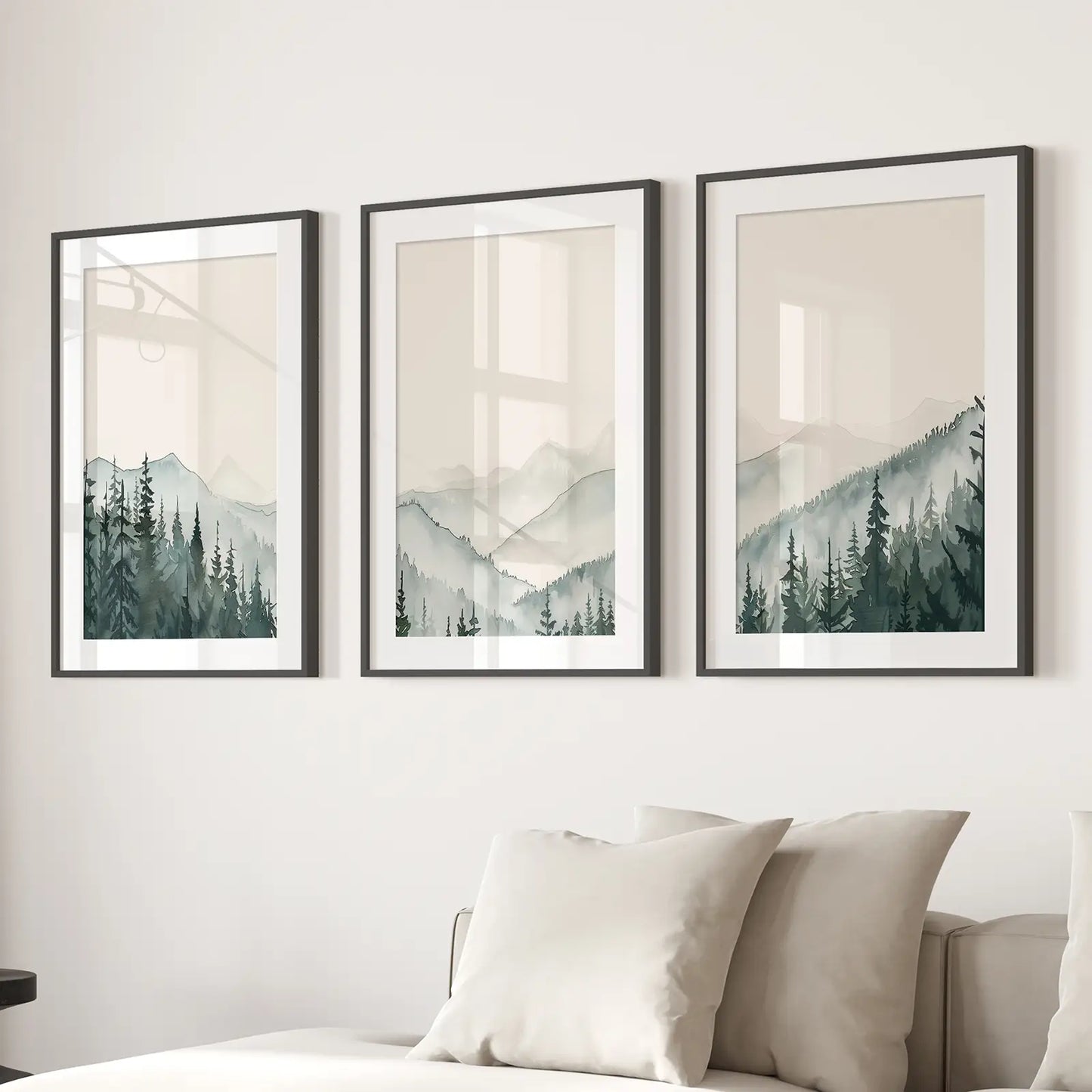 Green Abstract Mountain Nature Wall Poster Decor. Black Frames with Mat Above the Sofa.