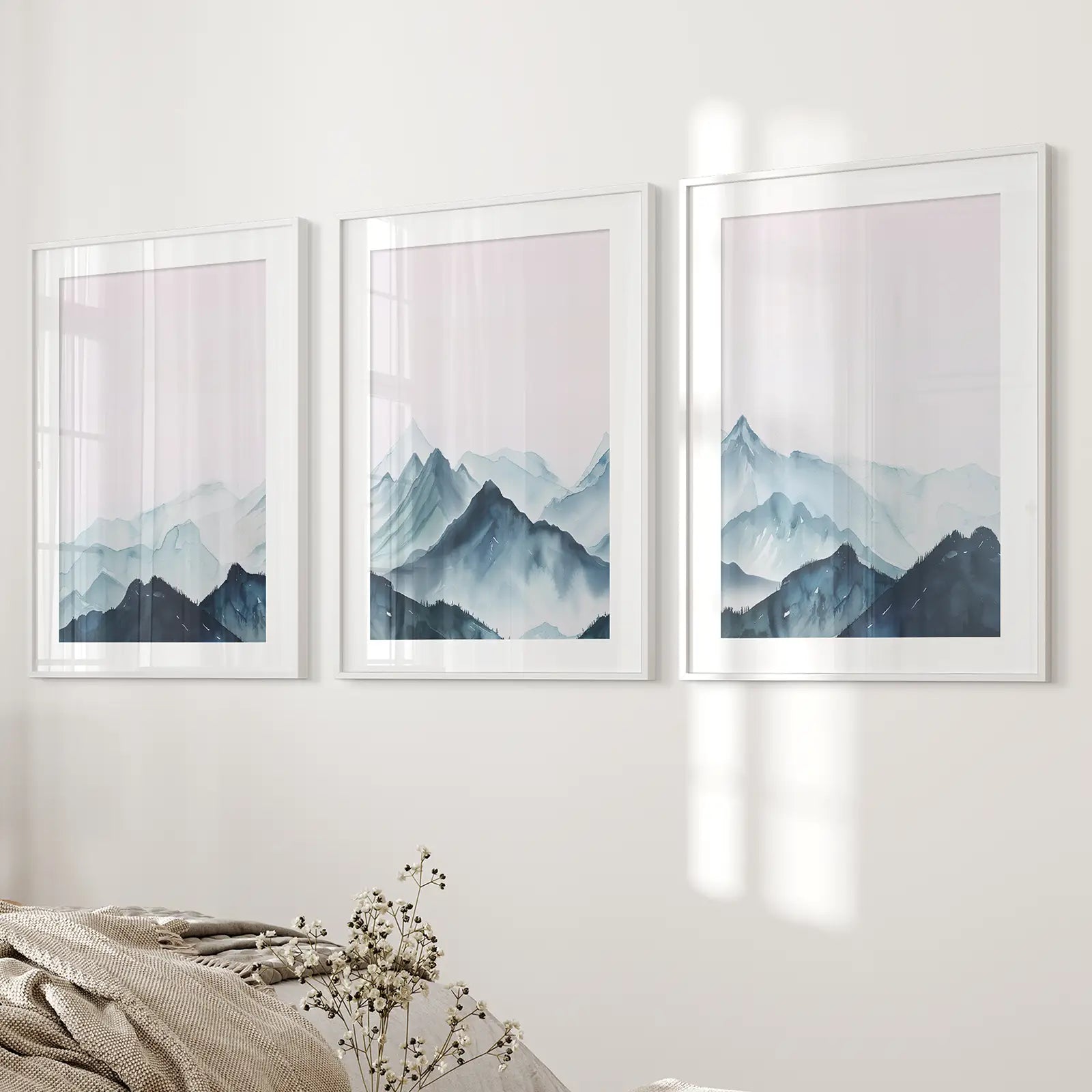 Large Blue Mountains Landscape Poster Decor Set. White Frames with Mat for Bedroom.