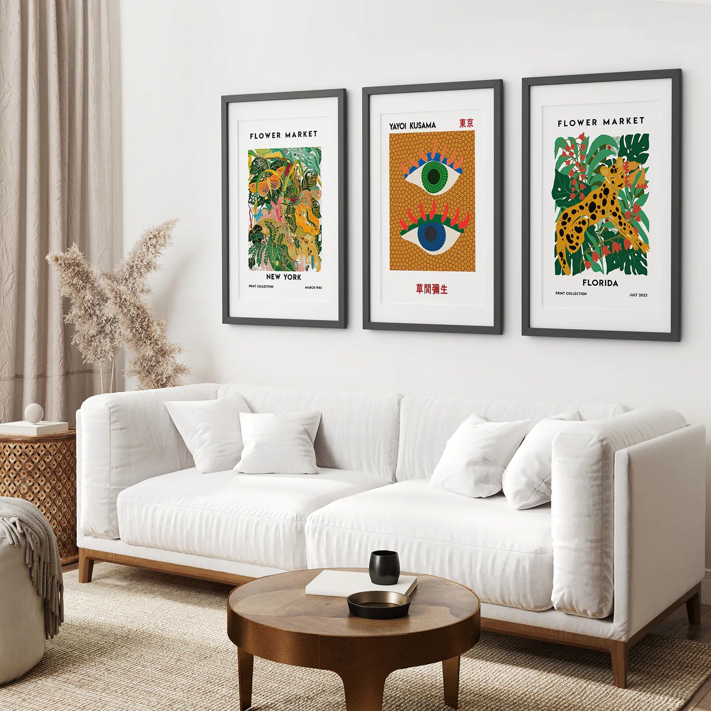 Green Garden Wall Decor Poster Set. Black Frames with Mat for Living Room.