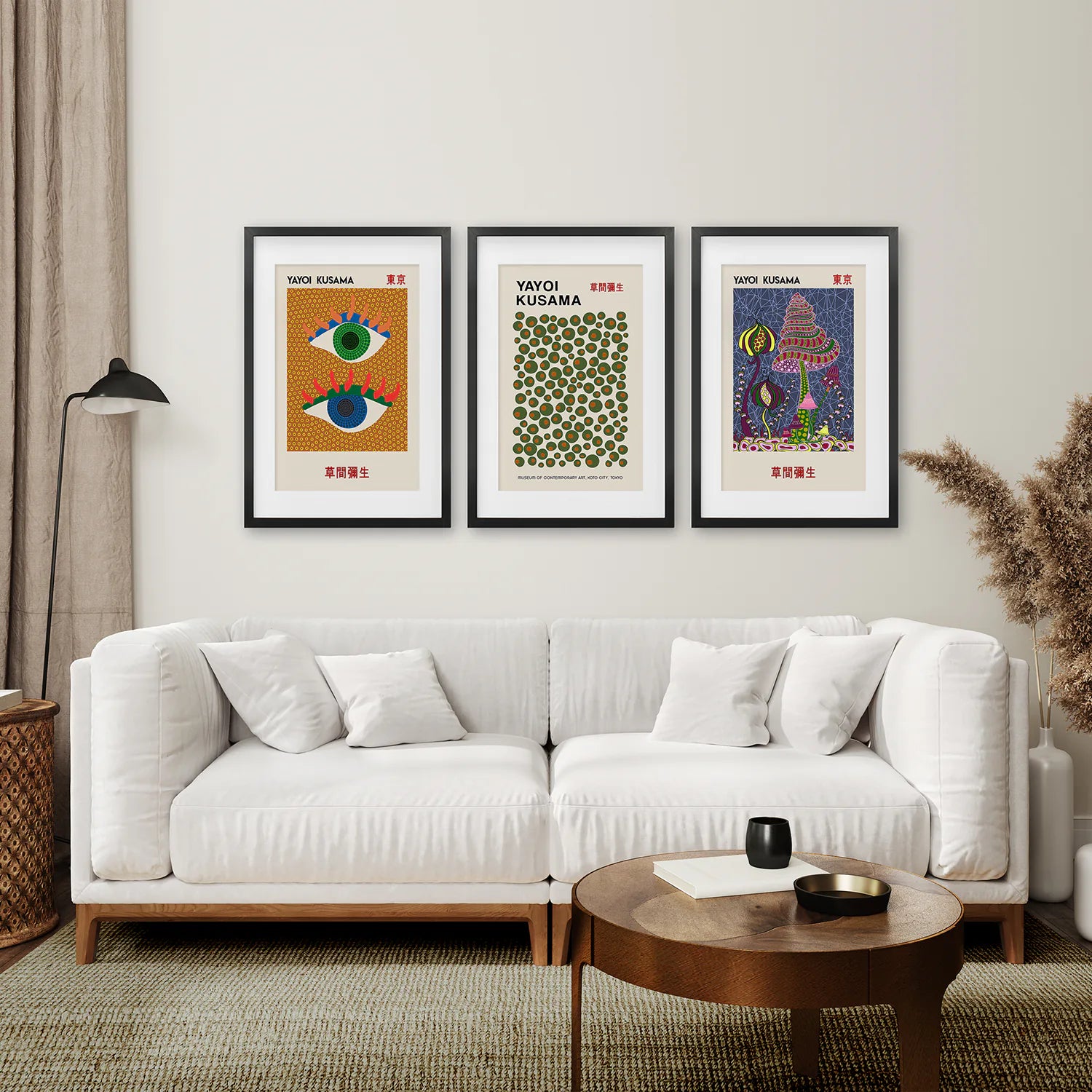 Modern Kusama Red Green Dots Art Prints. Black Frames with Mat for Living Room.