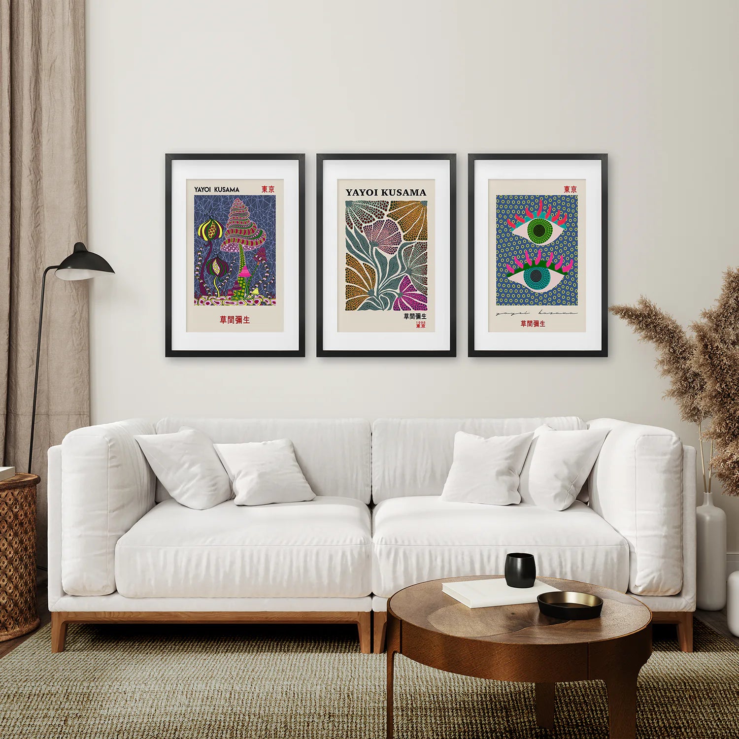 Modern Vintage Botanical Kusama Prints Set. Black Frames with Mat Above the Sofa.