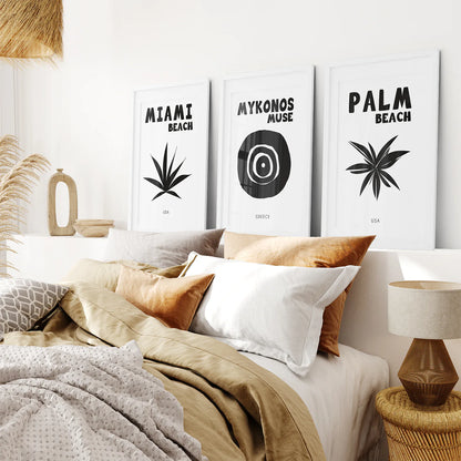 Miami Beach Gallery Wall Art  Set.White Frames with Mat Over the Bed.