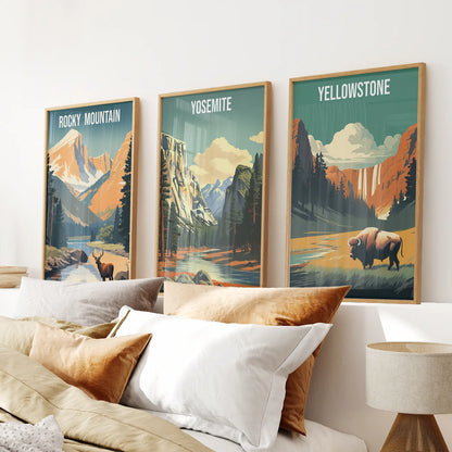 Nature landscape art. Adventure travel wall prints decor. Thinwood frames above the bed.