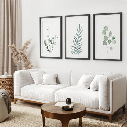 Olive Leaf Green Art Prints Printable Wall Art. Black Frames with Mat Above the Sofa.