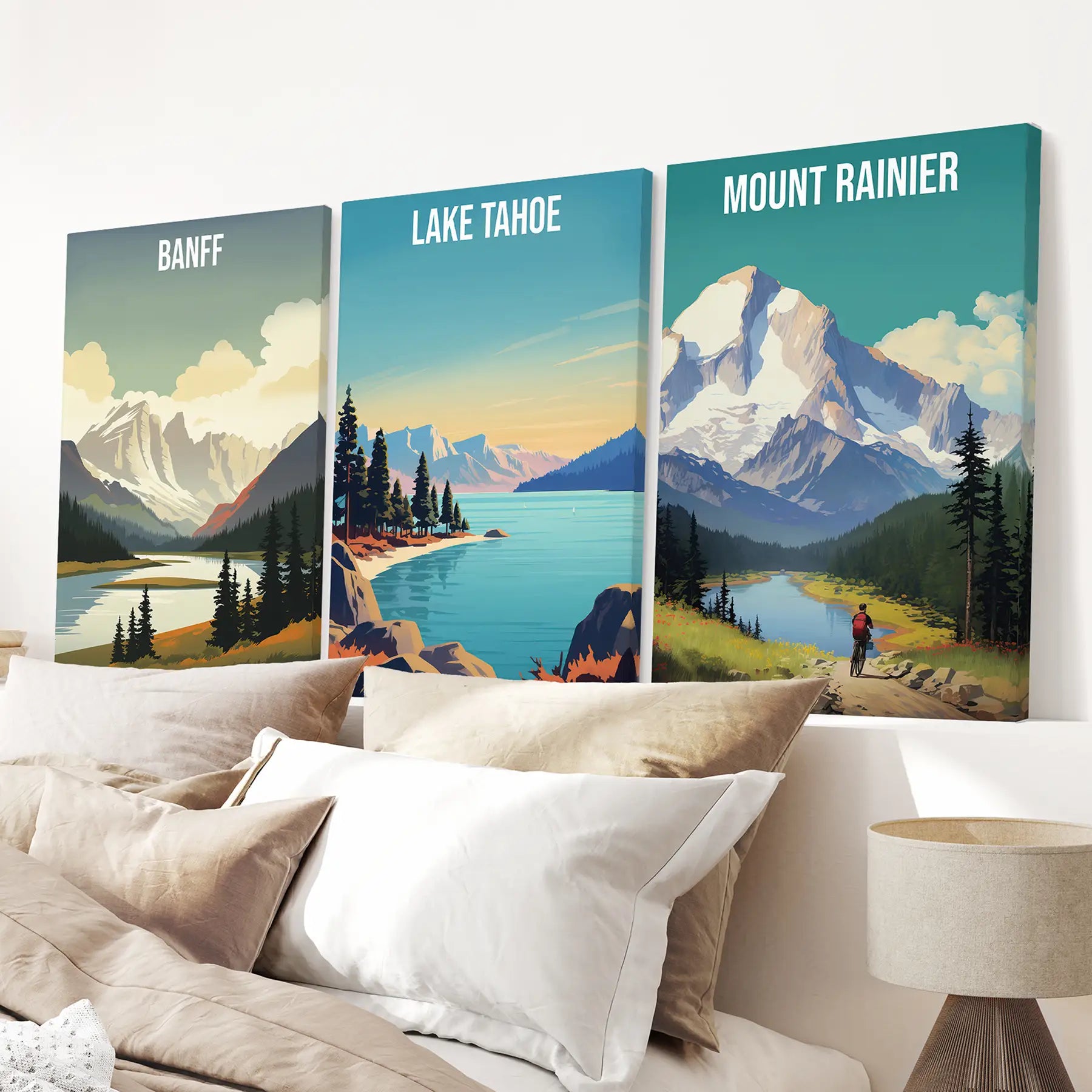 Travel poster USA wall art. Sunset landscape poster forest wall decor. Stretched canvas above the bed.